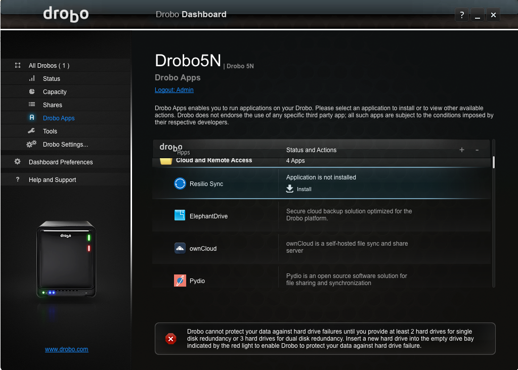 drobo dashboard missing drobo apps